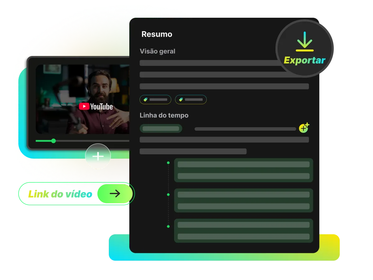 Usando o resumidor WayinVideo colando um link do YouTube para gerar um resumo detalhado e exportando os resultados com um clique.
